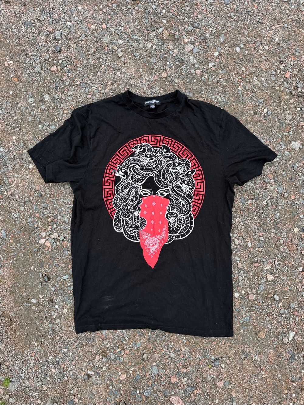 Crooks & Castles Black Graphic Tee with Red Bandana Medusa Design